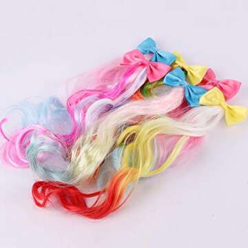 6 Pcs Colored Kids Hair Extensions with Cute Clips Bows for Little Girls Toddler Party Birthday Hair Accessories