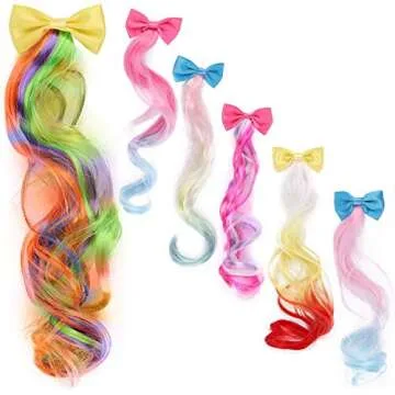 6 Pcs Colored Kids Hair Extensions with Cute Clips Bows for Little Girls Toddler Party Birthday Hair Accessories