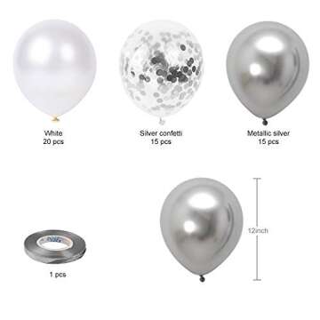 White Silver Confetti Latex Balloons, 50 Pack 12inch Silver Metallic Chrome Party Balloon Set with S...
