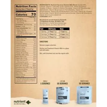 Nutrient Survival Vitamin Powdered Milk, Freeze Dried Prepper Supplies & Emergency Food Supply, 21 Essential Nutrients, Soy & Gluten Free, Shelf Stable Up to 25 Years, One Can, 60 Servings