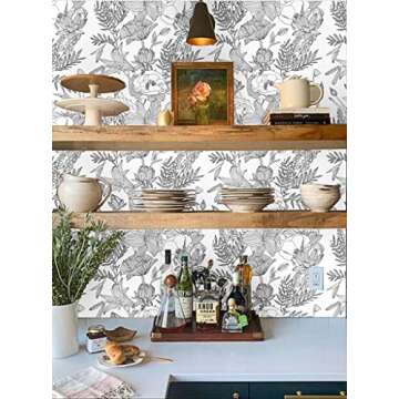 Blooming Wall Black White Elegant Modern Lotus Lily Leaf Peel and Stick Wallpaper Self-Adhesive Prepasted Wallpaper Wall Mural Wall Decor (17.7“x118”, Black/White)