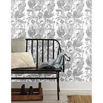 Blooming Wall Black White Elegant Modern Lotus Lily Leaf Peel and Stick Wallpaper Self-Adhesive Prepasted Wallpaper Wall Mural Wall Decor (17.7“x118”, Black/White)