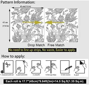 Blooming Wall Black White Elegant Modern Lotus Lily Leaf Peel and Stick Wallpaper Self-Adhesive Prepasted Wallpaper Wall Mural Wall Decor (17.7“x118”, Black/White)