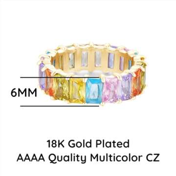 AFFY Eternity Rainbow Ring 18K Yellow Gold Plated Emerald-Cut Multi Color AAA Created-Gemstone Rainbow Ring, Stackable Ring, Wedding Band for Women Gift For Her (Ring 1, Size 7)
