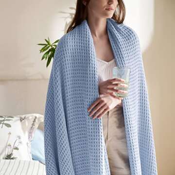 Bedsure 100% Cotton Blanket Twin XL Size for Bed - Breathable and Soft, Waffle Weave Blanket for Summer Spring, Sky Blue, 66x90 inches