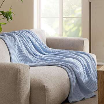 Bedsure 100% Cotton Blanket Twin XL Size for Bed - Breathable and Soft, Waffle Weave Blanket for Summer Spring, Sky Blue, 66x90 inches