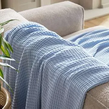 Bedsure 100% Cotton Blanket Twin XL Size for Bed - Breathable and Soft, Waffle Weave Blanket for Summer Spring, Sky Blue, 66x90 inches