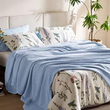 Bedsure 100% Cotton Blanket Twin XL Size for Bed - Breathable and Soft, Waffle Weave Blanket for Summer Spring, Sky Blue, 66x90 inches
