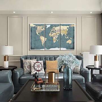 WELMECO Large 3 Pieces Vintage Blue Map of The World Canvas Prints Retro Detailed Push Pins World Tr...