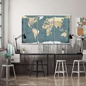 WELMECO Large 3 Pieces Vintage Blue Map of The World Canvas Prints Retro Detailed Push Pins World Travel Map Canvas Art Living Room Office Decoration (Rustic)
