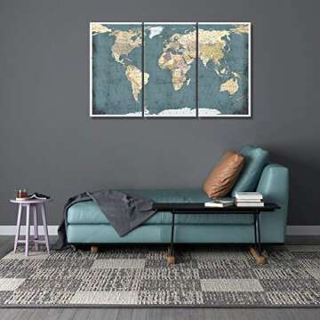 WELMECO Large 3 Pieces Vintage Blue Map of The World Canvas Prints Retro Detailed Push Pins World Travel Map Canvas Art Living Room Office Decoration (Rustic)