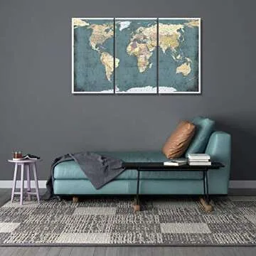 WELMECO Large 3 Pieces Vintage Blue Map of The World Canvas Prints Retro Detailed Push Pins World Travel Map Canvas Art Living Room Office Decoration (Rustic)