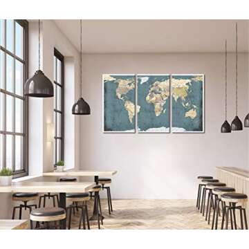 WELMECO Large 3 Pieces Vintage Blue Map of The World Canvas Prints Retro Detailed Push Pins World Travel Map Canvas Art Living Room Office Decoration (Rustic)