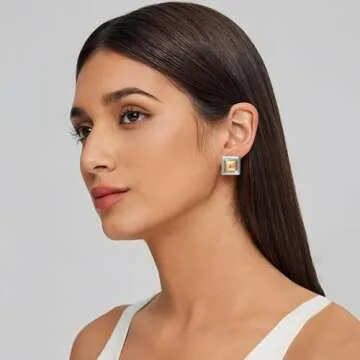 HESSAWELL Gold Silver Tone Stud Earrings Statement Square Two Tones Earrings for Women Trendy Geomet...