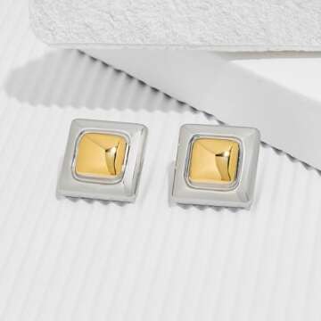 HESSAWELL Gold Silver Tone Stud Earrings Statement Square Two Tones Earrings for Women Trendy Geometric Jewelry