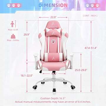 AJS Pink Gaming Chair, High Back Ergonomic Video Game Chair for Women, Adjustable PU Leather Computer Desk Chair, Racing Style Office Chair with Headrest and Lumbar Support