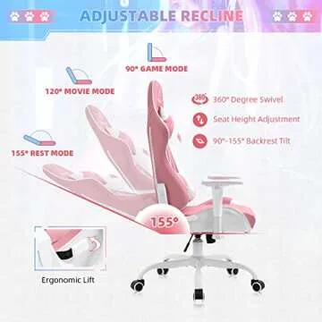 AJS Pink Gaming Chair, High Back Ergonomic Video Game Chair for Women, Adjustable PU Leather Computer Desk Chair, Racing Style Office Chair with Headrest and Lumbar Support