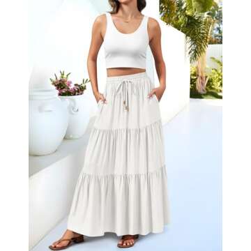 HAEOF Women's Summer Boho Elastic High Waist Maxi Skirt A-Line Flowy Swing Ruffle Tiered Long Beach Skirts with Pockets(White, XS)