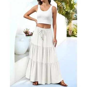 HAEOF Women's Summer Boho Elastic High Waist Maxi Skirt A-Line Flowy Swing Ruffle Tiered Long Beach Skirts with Pockets(White, XS)