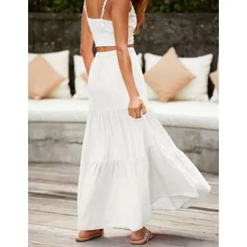 HAEOF Women's Summer Boho Elastic High Waist Maxi Skirt A-Line Flowy Swing Ruffle Tiered Long Beach Skirts with Pockets(White, XS)