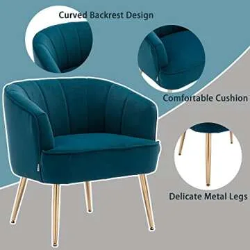 Homtique Modern Velvet Accent Chair Upholstered Armchair with Golden Metal Legs Cozy Reading Chair for Living Room Bedroom (Teal)