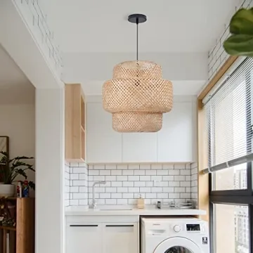 Arturesthome Small Bamboo Pendant Light for Kitchen Island, Home Decor Lampshade Chandeliers, Handmade Weave Hanging Lighting Fixture, Creative Craft Lights (30cmx30cm)