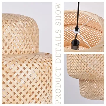 Arturesthome Small Bamboo Pendant Light for Kitchen Island, Home Decor Lampshade Chandeliers, Handmade Weave Hanging Lighting Fixture, Creative Craft Lights (30cmx30cm)