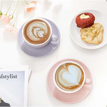 MERBLANT Coffee mug, Latte Art Cup and Saucer Set, 12 oz 4 Color Options for Cappuccino, Cafe Mocha and Tea (Pink)