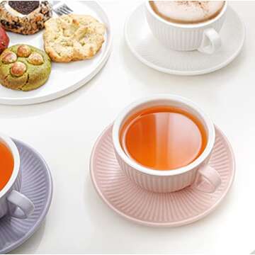 MERBLANT Coffee mug, Latte Art Cup and Saucer Set, 12 oz 4 Color Options for Cappuccino, Cafe Mocha and Tea (Pink)