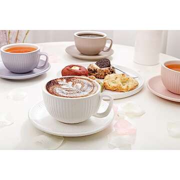 MERBLANT Coffee mug, Latte Art Cup and Saucer Set, 12 oz 4 Color Options for Cappuccino, Cafe Mocha and Tea (Pink)