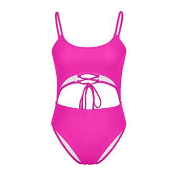 LEISUP Women's Spaghetti Strap Lace Up Bandage High Waist Bikini One Piece,M Hot Pink