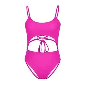 LEISUP Women's Spaghetti Strap Lace Up Bandage High Waist Bikini One Piece,M Hot Pink