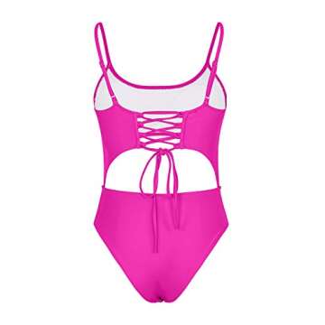 LEISUP Women's Spaghetti Strap Lace Up Bandage High Waist Bikini One Piece,M Hot Pink