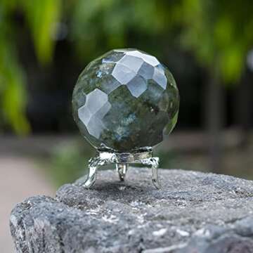 Crocon Labradorite Diamond Cut Stone Sphere with Metal Stand Gemstone Sphere Healing Ball Sculpture Figurine for Fengshui Divination Home Decoration Size: 50-60mm