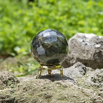 Crocon Labradorite Diamond Cut Stone Sphere with Metal Stand Gemstone Sphere Healing Ball Sculpture Figurine for Fengshui Divination Home Decoration Size: 50-60mm
