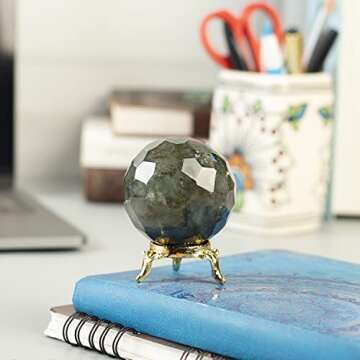 Crocon Labradorite Diamond Cut Stone Sphere with Metal Stand Gemstone Sphere Healing Ball Sculpture Figurine for Fengshui Divination Home Decoration Size: 50-60mm