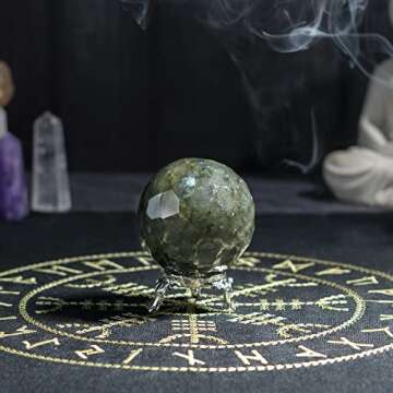 Crocon Labradorite Diamond Cut Stone Sphere with Metal Stand Gemstone Sphere Healing Ball Sculpture Figurine for Fengshui Divination Home Decoration Size: 50-60mm