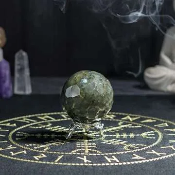 Crocon Labradorite Diamond Cut Stone Sphere with Metal Stand Gemstone Sphere Healing Ball Sculpture Figurine for Fengshui Divination Home Decoration Size: 50-60mm