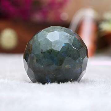 Crocon Labradorite Diamond Cut Stone Sphere with Metal Stand Gemstone Sphere Healing Ball Sculpture Figurine for Fengshui Divination Home Decoration Size: 50-60mm