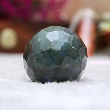 Crocon Labradorite Diamond Cut Stone Sphere with Metal Stand Gemstone Sphere Healing Ball Sculpture Figurine for Fengshui Divination Home Decoration Size: 50-60mm