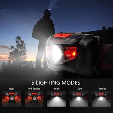 Vekkia Ultra Bright LED Headlamp-5 Lighting Modes,White & Red LEDs Head Lamp, Camping Accessories Ge...
