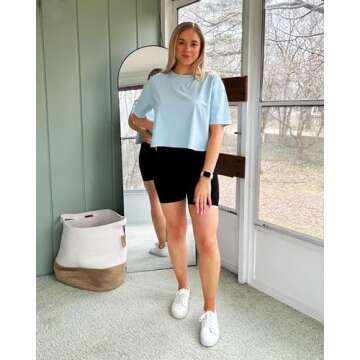 G4Free Cropped Workout Shirts Women Loose Fit Basic Tops Short Sleeve Athletic Gym Exercise Tee Running Casual(Light Blue,L)