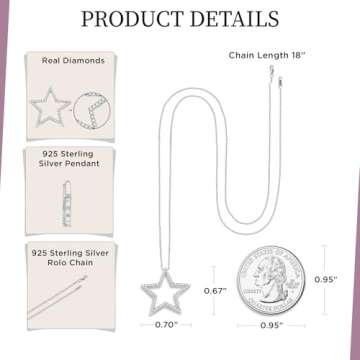 Jewelili Star Pendant Necklace in Sterling Silver 1/5 Cttw Natural White Round Diamonds 18" Rolo Chain