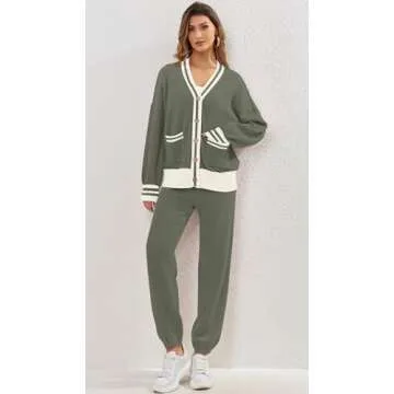 ETCYY NEW Women's 2 Piece Outfit Lounge Set Trendy Cardigan Sweater Pants Sets V Neck Button Pocket Knit Matching Loungewear