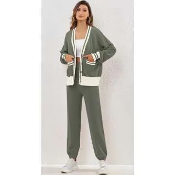 ETCYY NEW Women's 2 Piece Outfit Lounge Set Trendy Cardigan Sweater Pants Sets V Neck Button Pocket Knit Matching Loungewear
