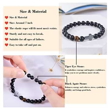 TAGOMEI Valentines Day Gifts for Dad Mens Bracelet Gifts, Cross Bracelet for Men Birthday Gifts for Dad from Daughter Son, Christian Gifts Handmade Tiger Eye Beaded Bracelets with Engraved Wallet Card