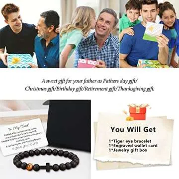 TAGOMEI Valentines Day Gifts for Dad Mens Bracelet Gifts, Cross Bracelet for Men Birthday Gifts for Dad from Daughter Son, Christian Gifts Handmade Tiger Eye Beaded Bracelets with Engraved Wallet Card