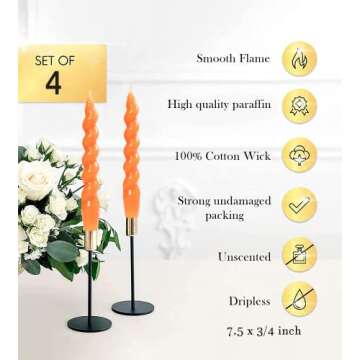 LPUSA Orange Spiral Taper Candles Conical Stick Candles Wax Unscented Dinner Candle Dripless for Home Decor, Relaxation All Occasions,7.6 inch,Set of 4(Orange)