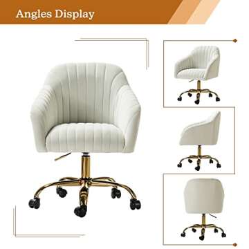HULALA HOME Velvet Home Office Desk Chair, Modern Cute Computer Task Chair, Wheels Swivel Height Adjustable Upholstered Vanity Chair for Women, Girls (Gold Base, Ivory)