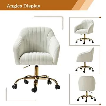 HULALA HOME Velvet Home Office Desk Chair, Modern Cute Computer Task Chair, Wheels Swivel Height Adjustable Upholstered Vanity Chair for Women, Girls (Gold Base, Ivory)